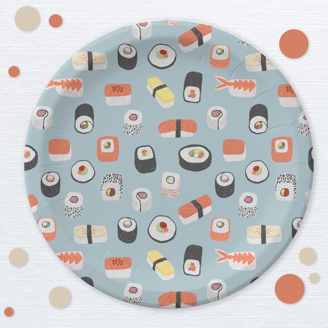 Prato De Papel Padrão de Sushi Japonês Bonito (Japanese sushi fun paper party plate)