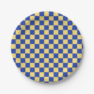 Prato De Papel Padrão de tabuleiro xadrez amarelo manteiga e azul