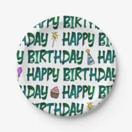 Prato De Papel Padrão de texto de aniversário verde vibrante