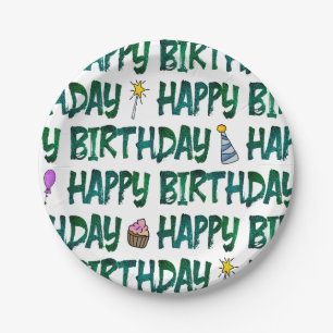 Prato De Papel Padrão de texto de aniversário verde vibrante