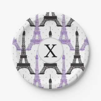 Prato De Papel Padrão de torre Eiffel em chic roxo monograma
