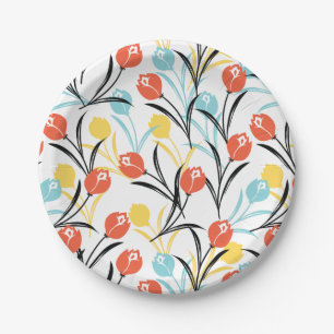 Prato De Papel Padrão de Tulipas Vibrante Design Floral em Branco