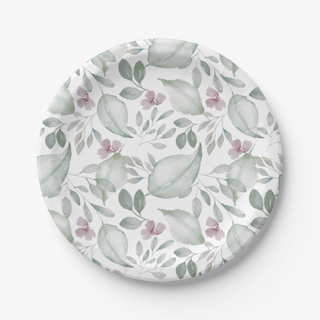 Prato De Papel Padrão de verde-sage em aquarela (Frente)
