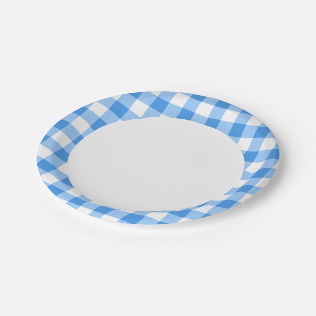 Prato De Papel Padrão De Verificação De Gingham Azul E Branco (Inclinado)