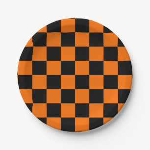 Prato De Papel Padrão de Verificação Preto Laranja