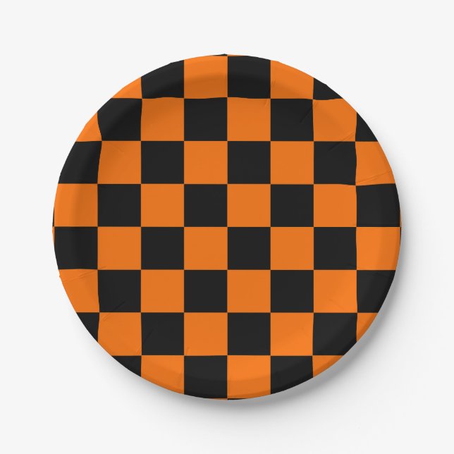 Prato De Papel Padrão de Verificação Preto Laranja (Frente)