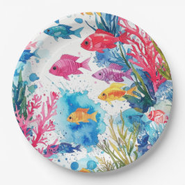 Prato De Papel Padrão de Vida do Mar de Cores Aquáticas Tropicais