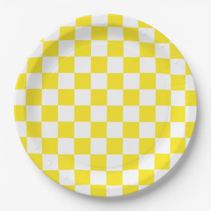 Prato De Papel Padrão de Xadrez Amarelo e Branco