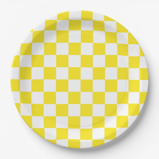Prato De Papel Padrão de Xadrez Amarelo e Branco