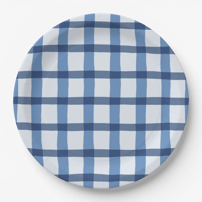 Prato De Papel Padrão de Xadrez azul e branco (Frente)