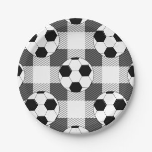 Prato De Papel Padrão de Xadrez da bola de futebol em branco pret