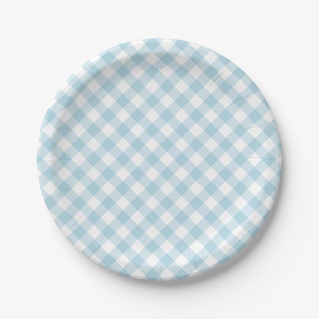 Prato De Papel Padrão de Xadrez de Gingham Azul Claro (Frente)