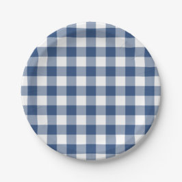 Prato De Papel Padrão de Xadrez de Gingham Branco Azul Clássico