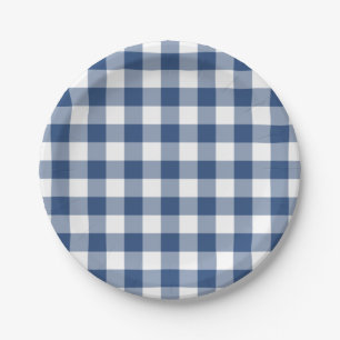 Prato De Papel Padrão de Xadrez de Gingham Branco Azul Clássico