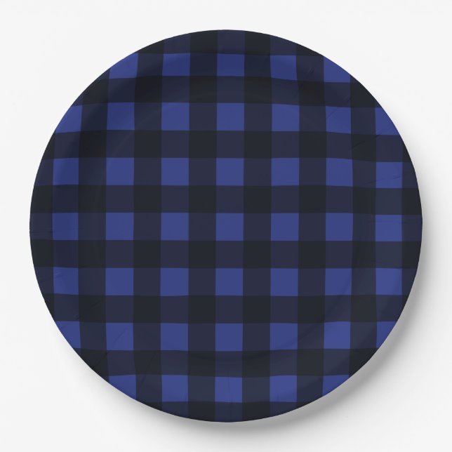 Prato De Papel Padrão de Xadrez preto e azul simples (Frente)