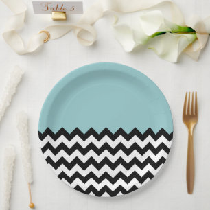 Prato De Papel Padrão de ziguezague preto e branco, Chevron, azul