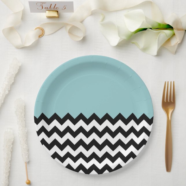 Prato De Papel Padrão de ziguezague preto e branco, Chevron, azul (Casamento)