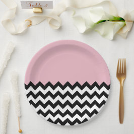 Prato De Papel Padrão de ziguezague preto e branco, Chevron, rosa