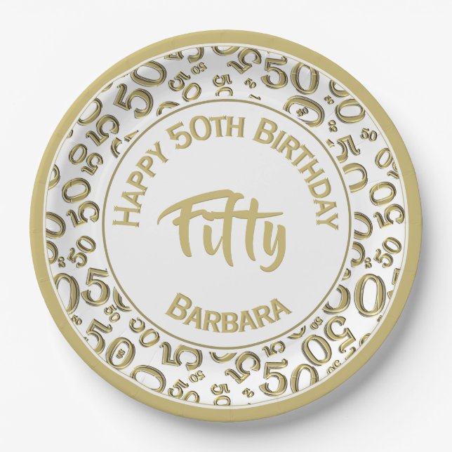 Prato De Papel Padrão do número da Festa de aniversário 50th Dour (Frente)