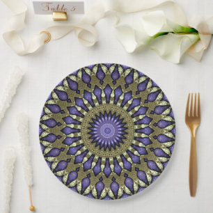 Prato De Papel Padrão Dourado de Mandala Preto Violeta Roxo