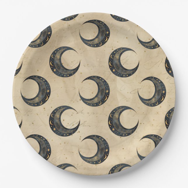 Prato De Papel Padrão Dourado Lua Celestial Boho (Frente)