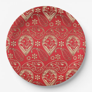 Prato De Papel Padrão Dourado Vermelho Paisley Bandana