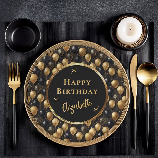 Prato De Papel Padrão Elegante Black Glitter Balloons A021 (Elegant Black and Gold Faux Glitter Balloons Pattern A021 "Happy Birthday" [Name] Paper Plates)