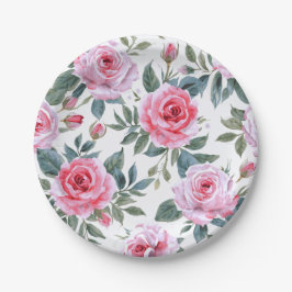 Prato De Papel Padrão Elegante de Aquarela de Rosa Rosa