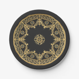 Prato De Papel Padrão elegante de mandala preto e dourado