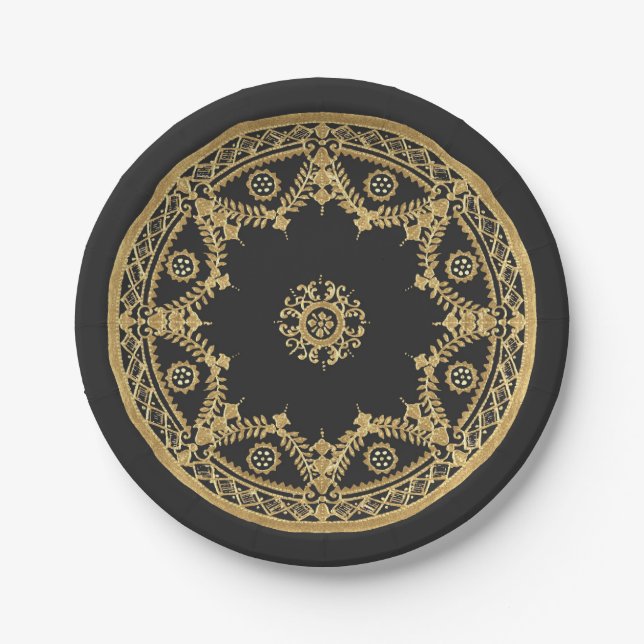 Prato De Papel Padrão elegante de mandala preto e dourado (Frente)