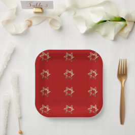 Prato De Papel Padrão estrelado elegante Vermelho moderno e Doura