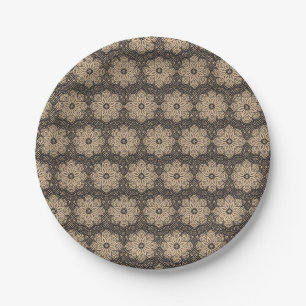 Prato De Papel Padrão étnico mandala bege e preto
