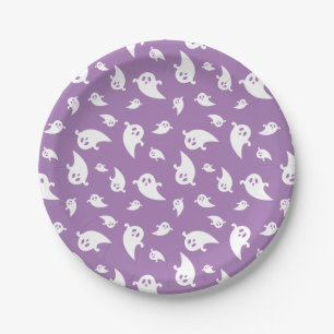 Prato De Papel Padrão Fantasma Branco e Roxo Halloween Fofo