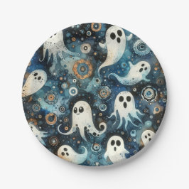 Prato De Papel Padrão Fantasma do Halloween de Watercolor
