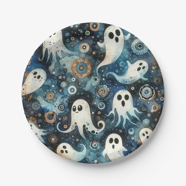 Prato De Papel Padrão Fantasma do Halloween de Watercolor (Frente)