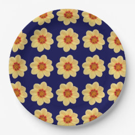 Prato De Papel Padrão Floral Amarelo Dahlia no Azul