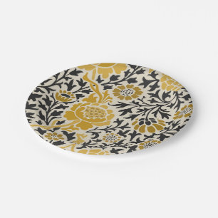 Prato De Papel Padrão floral amarelo e preto estilo retrô