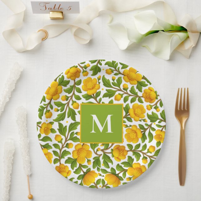 Prato De Papel Padrão Floral Amarelo - Monograma Personalizado (Casamento)