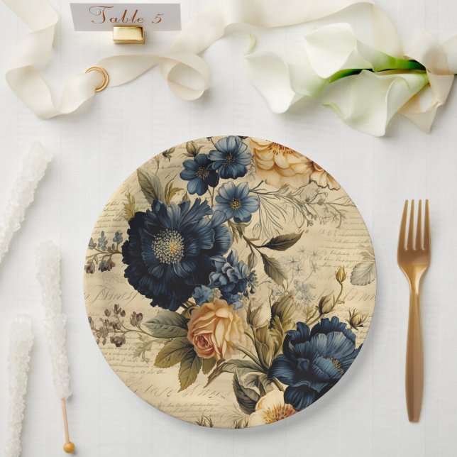 Prato De Papel Padrão Floral Azul Elegante Creme (Casamento)
