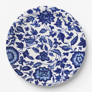 Prato De Papel Padrão floral azul-marinho chinês em branco