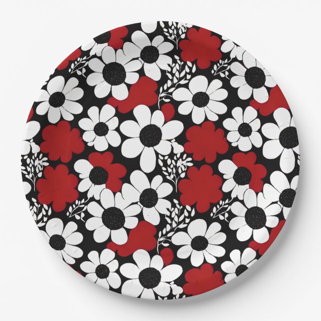 Prato De Papel Padrão Floral bonito em Vermelho, Preto e Branco (Frente)