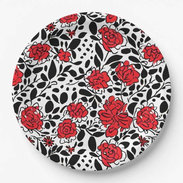 Prato De Papel Padrão Floral bonito em Vermelho, Preto e Branco (Frente)