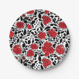 Prato De Papel Padrão Floral bonito em Vermelho, Preto e Branco