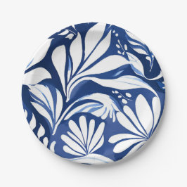 Prato De Papel Padrão Floral Botânico em Aquarela Azul Branco
