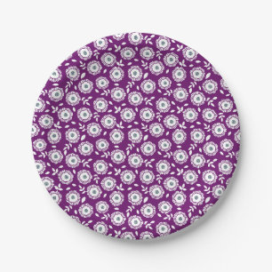 Prato De Papel Padrão floral branco com fundo roxo