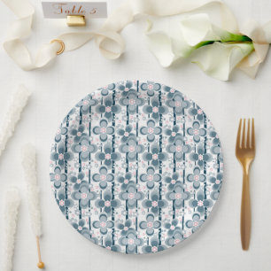 Prato De Papel Padrão floral cinza e branco  cinza