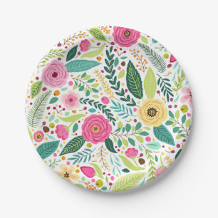 Prato De Papel Padrão floral colorido com rosa, amarelo
