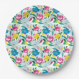 Prato De Papel Padrão floral com buquê colorido.
