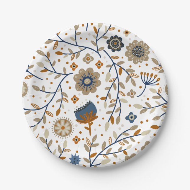 Prato De Papel Padrão floral com flores azuis e laranja (Frente)