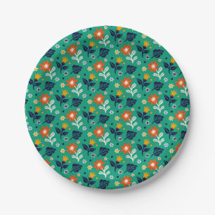 Prato De Papel Padrão Floral com Fundo Verde